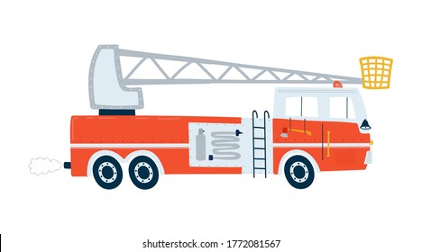 Red fire truck isolated on a white background in flat style. Icons kids cars for design of children's rooms, clothing, textiles. Vector illustration