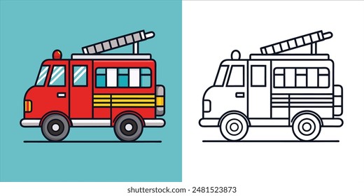Red fire truck with the ladder extended line art coloring book