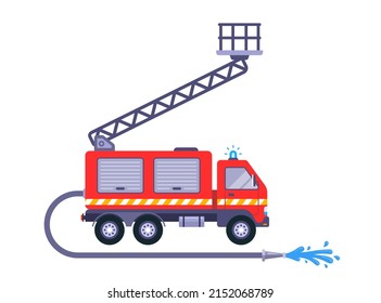 red fire truck with ladder and hose. flat vector illustration