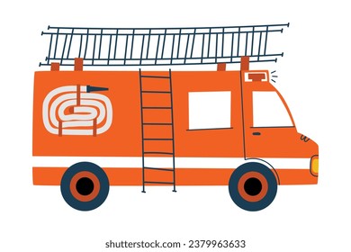 Red fire truck. Ladder on the roof of a car. Fire hydrant. Toy fire truck. Flat vector illustration