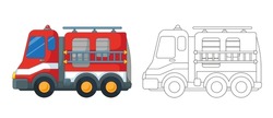 Red Fire Truck With Outline And Coloring Book Set. Vector Illustration In Cartoon Childish Style. Isolated Funny Clipart On White Background. Cute Fire Transport Print.