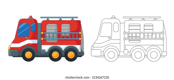 Red fire truck with outline and coloring book set. Vector illustration in cartoon childish style. Isolated funny clipart on white background. Cute fire transport print.