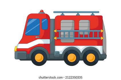 Red fire truck with outline. Vector illustration in cartoon childish style. Isolated funny clipart on white background. Cute fire transport print