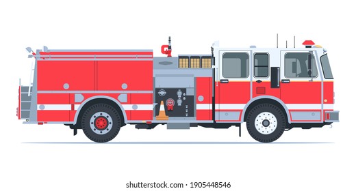 Red Fire Truck Side View Flat Design