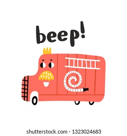 Camión rojo de bomberos. Ilustración de dibujos animados.
