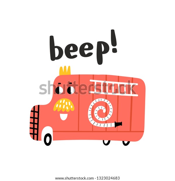 Red fire truck.\
Vector cartoon\
illustration.