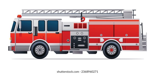 Red fire truck vector illustration. Emergency rescue truck side view isolated on white background