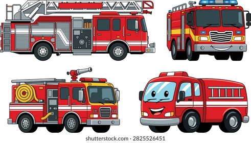 Red fire truck vector illustration set featuring detailed ladder engine, classic fire engine with hose, and cute smiling cartoon rescue vehicle characters