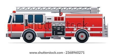 Red fire truck vector illustration. Emergency rescue truck side view isolated on white background