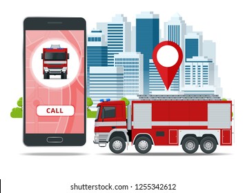 Red fire truck, vehicle of Emergency. Call emergency. Firefighters design element. Side view vector Illustration on a white background.