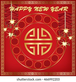 Red fire-crackers with golden pattern on red background