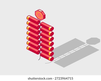 Ilustración vectorial isométrica de petardos rojos con sombra