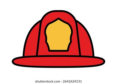 Red firefighter helmet icon with yellow badge in flat style design. Clipart image isolated on background.