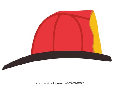 Red firefighter helmet side view with yellow detail and black brim vector illustration. Clipart image isolated on background.