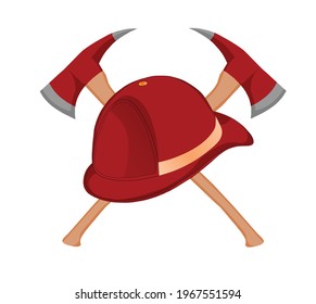 a red firefighter helmet and two red axes isolated on a white background