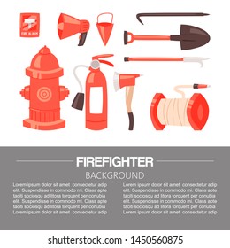 Red firefighter uniform and protection equipment set and instruments. Vector illustration for posters. Shovel, fire extinguisher, axe and fire alarm sign.