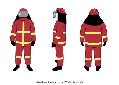 
red firefighter uniform and wearing a helmet. firefighter illustration from three sides