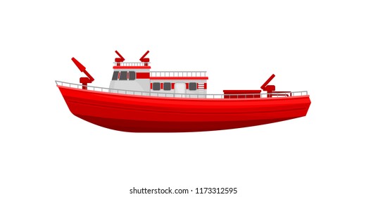 Red firefighting ship, emergency service vehicle vector Illustration on a white background