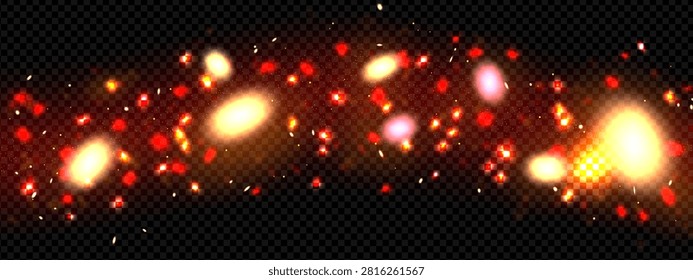Red firefly and glitter particle light with smoke overlay. Magic pink bokeh sparkle background. Fairy dust with shiny bug glimmer. Space decoration with fire explosion. Festive stars in dream forest.