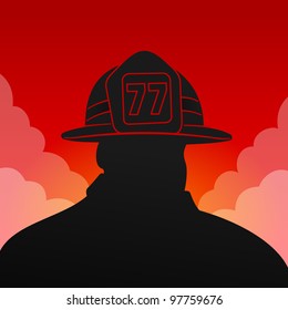 Red Fireman Silhouette - Black firefighter silhouette on red background with smoke