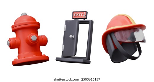 Tapón de fuego rojo, puerta de salida de emergencia negra abierta, casco de seguridad para bomberos