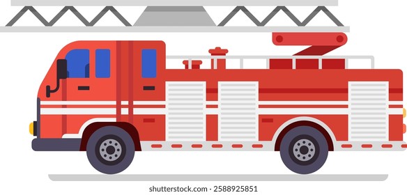 Red firetruck parked against a white background, featuring an extended ladder and water tank, symbolizing firefighting, emergency response, and safety services