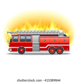Red firetruck with rescue ladder and fire on background vector illustration 