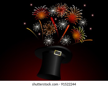 Red fireworks in black magic hat