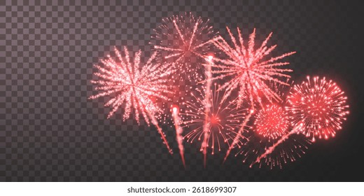Red Fireworks Display with Bright Glowing Sparks on a Transparent Background, Perfect for Celebration, Party, and Festival Designs, Independence Day, or New Year Events. Vector Illustration.