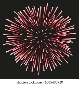 Red fireworks on a black background. Celebration, show, boom, isolated objects, vector illustration
