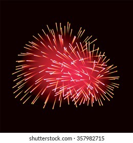 Red fireworks on dark background. Vector illustration.