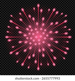 Red fireworks on transparent background. Shining festive explosion for holiday, event, New Year or party. Vector illustration