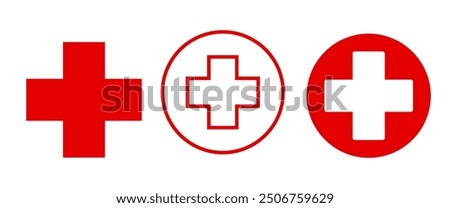 Red First Aid Icon set, Medication and Emergency vector symbol, Grug and Hospital Graphic Elements, Vector stock