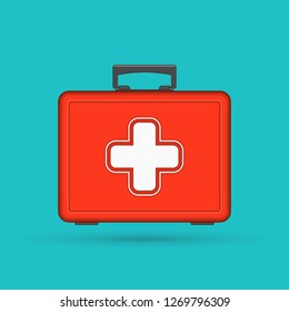 Red first aid kit box. Medical bag icon isolated on green background. Emergency or health care sign. 