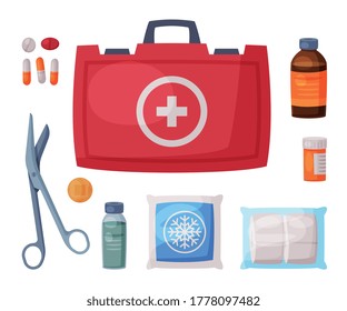 Caja roja del kit de primeros auxilios con equipo médico y medicamentos para el servicio de emergencia e urgencia Ilustración de vectores planos