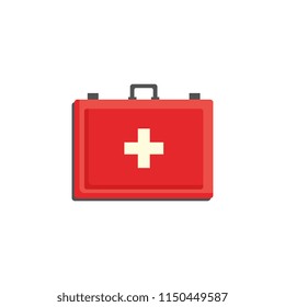 Red first aid kit case with cross isolated on white background - medicine chest with necessary medications. Medical box for healthcare and emergency help concept in flat vector illustration.