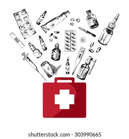 Red first aid kit with different objects: bandages, injection, capsule, pipette, medicine, drops, syrup, plaster, thermometer, iodine, cross, pill, medical bottle, vitamins.