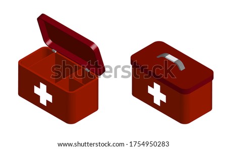 red first aid kit for emergency resuscitation in open and closed form. Set of lifeguard and medical worker to treat a patient. Isolated 3D vector on white background