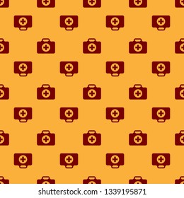 Red First aid kit icon isolated seamless pattern on brown background. Medical box with cross. Medical equipment for emergency. Healthcare concept. Flat design. Vector Illustration