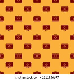 Red First aid kit icon isolated seamless pattern on brown background. Medical box with cross. Medical equipment for emergency. Healthcare concept.  Vector Illustration