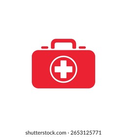 Icono rojo del kit de primeros auxilios con el símbolo de la cruz blanca sobre fondo blanco, que representa la atención médica de emergencia, los servicios de atención médica y las disposiciones de seguridad.
