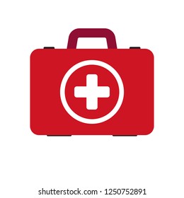Red first aid kit isolated on gray background. Medical box with white cross like a diagnostics concept. Flat Vector illustration design
