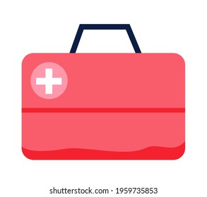 Red first aid kit isolated on white background. Medical box with white cross like diagnostics concept. Container for transportation of equipment medicines. First aid kit for medical care and treatment