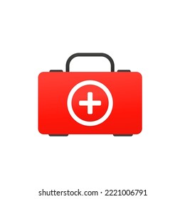 Un kit de primeros auxilios rojo aislado en un fondo azul. El concepto de salud, atención y diagnóstico médico. Ilustración del vector