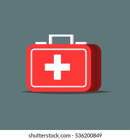 Red first aid kit isolated on gray background. Medical box with white cross like a diagnostics concept. Flat Vector illustration design