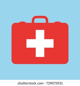 RED first aid kit isolated on blue background. Health, help and medical diagnostics concept