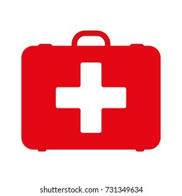 RED first aid kit isolated on blue background. Health, help and medical diagnostics concept