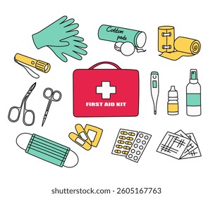 Red first aid kit with medical equipment. Medical supplies, medicines, pills, mask, antiseptic. Vector illustrator
