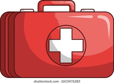 Um estojo vermelho de primeiros socorros com um símbolo de cruz branca é exibido contra um fundo branco. O kit tem uma alça e uma forma arredondada.
