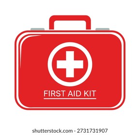 A red first aid kit with a white cross symbol and the words "FIRST AID KIT" printed on it, symbolizing emergency medical supplies and preparedness.